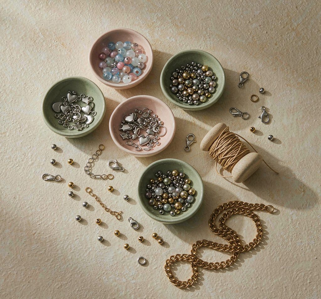 Assorted beads, charms, chains and jewelry findings