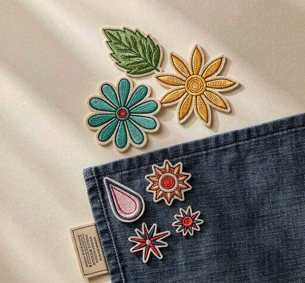 Embroidered decorative patches in various shapes and colors